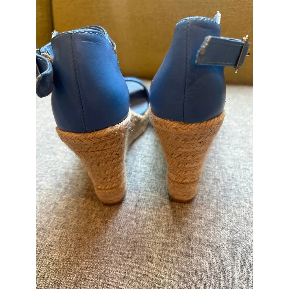 Escales Paris Blue Leather Espadrille Wedge Sandals Limited Edition 001/380 6